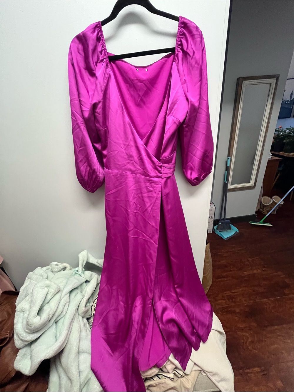 Elegant Fuchsia Satin Wrap Midi Dress